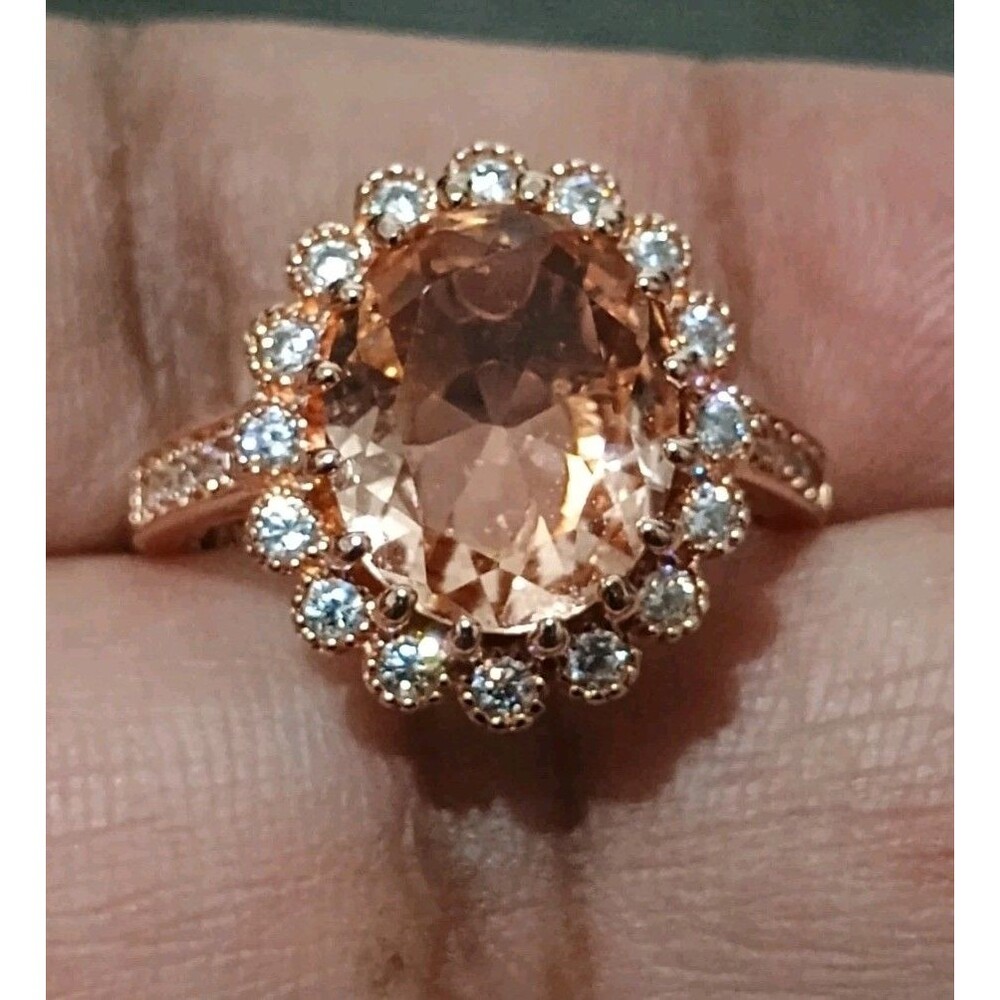 FZN Sterling Silver 925 Champagne Rhinestone CZ Halo Gold Tone Ring Size 7.75